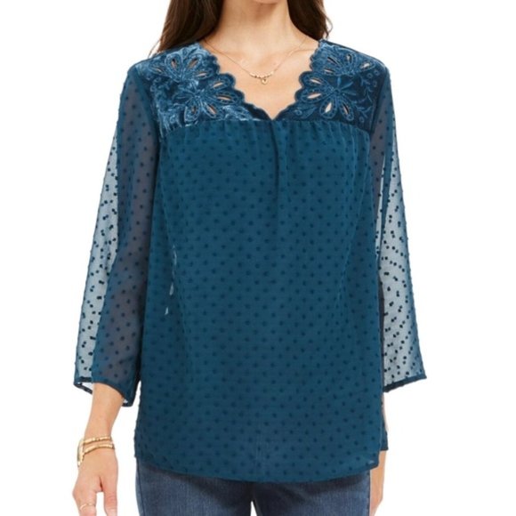 New Style & Co Velvet Eyelet Embroidered Swiss Dot Sheer Top Teal Size Medium - Picture 1 of 16